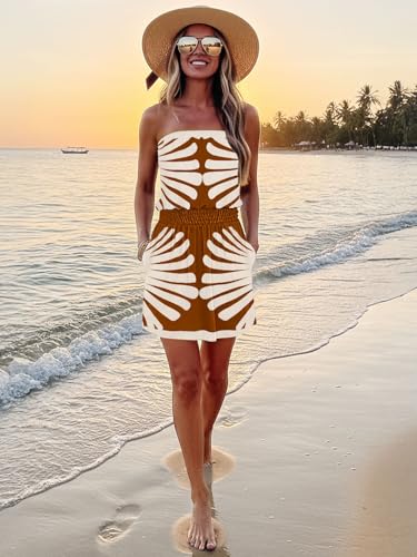 Image of SAUKOLE Summer Dresses for Women Bandeau Strapless Smocked Elastic Waist Sundress Tube Mini Dress with Pockets