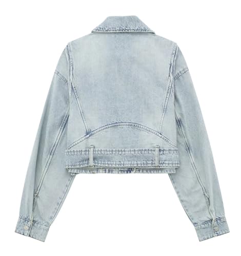 chouyatou Women's Fall Moto Biker Distressed Denim Jacket Boyfriend Casual Belted Short Jean Jacket2