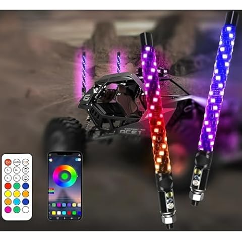 S7 2-pcs Whip Lights, LED Whip Light with App & Remote Control, Spiral RGB Chasing Lighted Antenna Whips,Whip Light for UTV ATV RZR SXS Can-Am Dune Buggy Offroad Truck (1ft) Cover