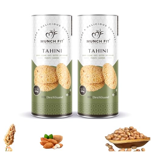 Image of Munch Fit Jowar Sesame Oats Tahini Cookies | Egg Less Cookies Made with Desi Khand 125gm Pack of 2 | Healthy Multigrain Cookies | High Protein, Fiber Gluten Free | Natural Snack for Tea, Coffee & Kids