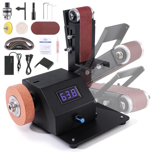 Gyfent Mini Belt Sander, 90° Adjustable Electric Bench Grinder Kit 10000 RPM Continuously Variable Speed Spindle Sander 4 in 1 Belt Sander for DIY Woodworking Metalworking Knife Sharpening