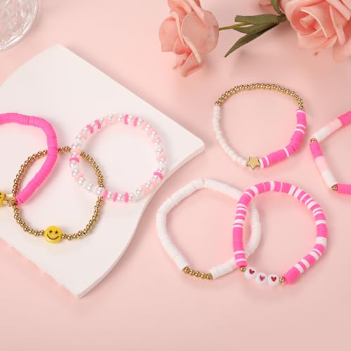 Image of Preppy Bracelets Set Colorful White Gold Smile Heart Star Polymer Beaded Pearl Clay Stackable Charm Y2K Kidcore Aesthetic Summer Beach Bohemian Stretch Layering Bracelets Jewelry for Girls Women Teens
