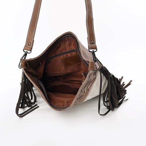 Image of Leather Cross Body Bag Purse for Woman Sling Bag Cowhide Handmade Western Shoulder Bags With Adjustable Strap 12x14 in