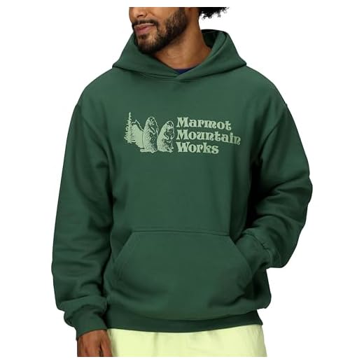MARMOT Herren MMW Hoody - Kapuzen-Sweatshirt mit Siebdruckgrafik, doppellagiger Kapuze und Kängurutasche, Wacholdergrün, Medium