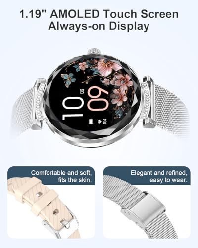 Image of Smart Watch for Women, 1.19 inch AMOLED Ultra-Clear Screen Activity Trackers with Heart Rate /Sleep /SpO2 Monitor, Smartwatch for iPhone /Samsung /Android, 113 Sport Modes Waterproof Fitness Watch Silver