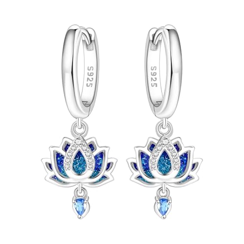 CYCUFF 925 Sterling Silber Hoop Ohrringe Bunte Cubic Zirkonia Schmuck Ohrringes für Frauen Set Ohrring Geschenke für Sie (Blaue Lotus-Ohrringe)