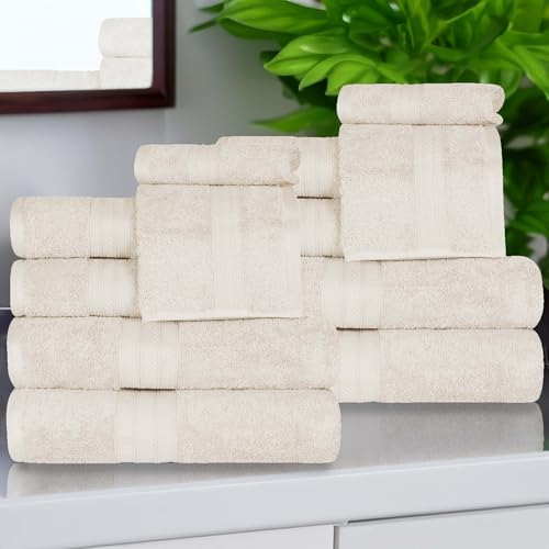 Superior Atlas Juego de 12 toallas de algodón de lujo, pesadas, imprescindibles para baño, básicos, spa, salón, hotel, complejo, felpa, muy absorbentes, 4 de baño, 4 de mano, 4 de cara, color almendra