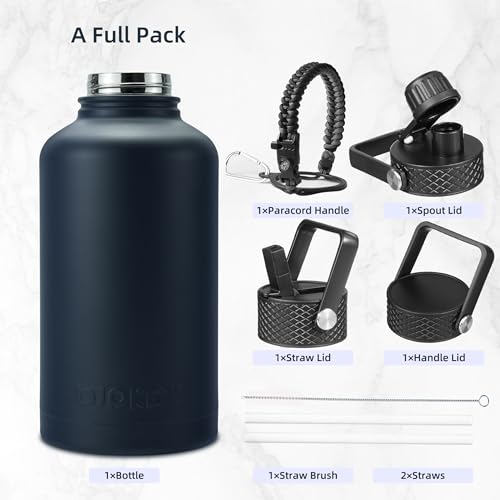 Image of BJPKPK Half Gallon Insulated Water Bottles with Straw Lid, 64oz Large Water Jug, Stainless Steel Bottles with 3 Lids and Paracord Handle, Thermo for Hot & Cold Liquid, Navy Blue