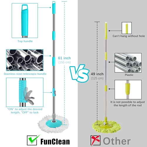FunClean Wischmopp und Eimer, Wischmopp und Eimer mit Auswringer-Set für Zuhause, 360° drehbares Wischmopp-Bodenreinigungswerkzeug mit 6 Mikrofaser-Ersatzkopf-Nachfüllpackungen, 155,9 cm verlängerter – Bild 4