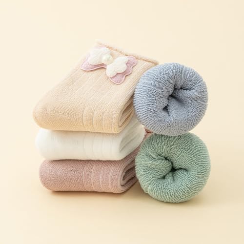 5 Pairs Kids Girls Casual Fuzzy Crew Socks Autumn Winter Warm Thick Boot Cozy Socks Cute Bow Toddler Girls Socks3
