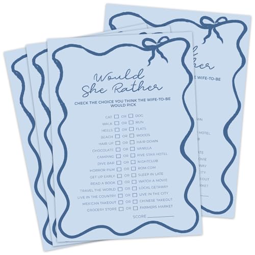 DEEKA 30 PCS Bridal Shower Games Card for 30 Guests Blue Wavy Border Ribbon Bow Funny Wedding Bachelorette Party Games for Reception (Would She Rather)