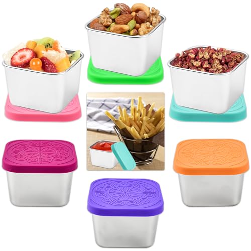 GZCZCC 6 uds 180ml Recipientes Pequeños Para Salsas con Tapa de Silicona Recipiente Hermético Pequeño de Acero Inoxidable para Niños Prueba de Fugas para Congelar Llevar para Trabajo, Escuela, Picnic