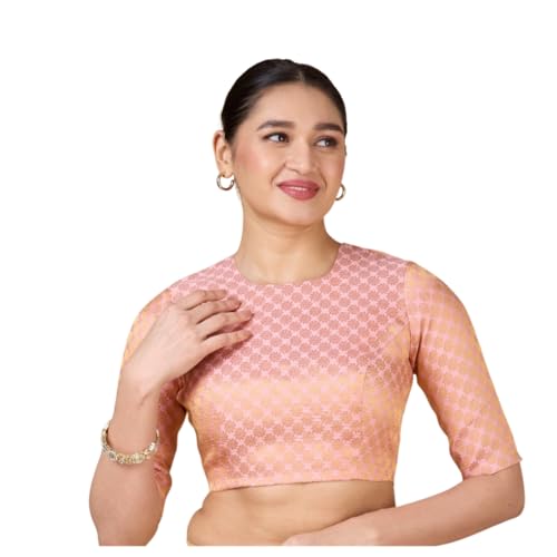 Image of Studio Shringaar Women Brocade Silky Jewel Neck Readymade Elbow Length Sleeve Saree Blouse