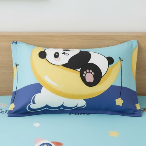 Image of Filymore Kids Double Bedsheet Set with 2 Pillow Covers - Cloud Panda Theme, 240 TC Soft Microfiber Bed Sheet for Double Bed (90x90 Inches), Breathable & Skin-Friendly Kids Bedding, Sky Blue & Purple