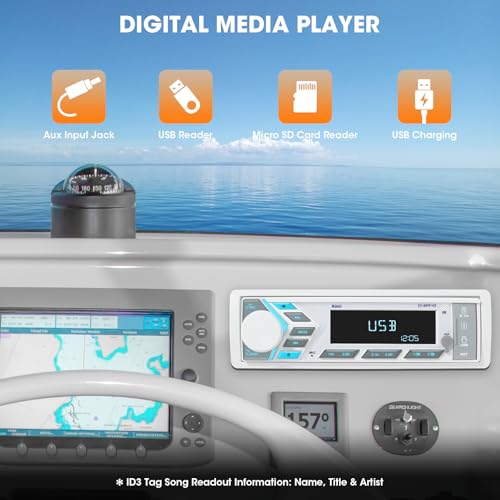 Image of Single Din Marine Radio Bluetooth: Boat Stereo Receiver - Push to Talk Assistant Digital LCD Screen AM FM Tuner 4 Volts Preamp Outputs 2 Subwoofer Ports USB Charging Aux-in Remote Control