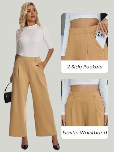 Womens Dress Wide Leg Pants Pull On Stretchy Work Pants High Waisted Business Causal Palazzos Trousers with Pockets3