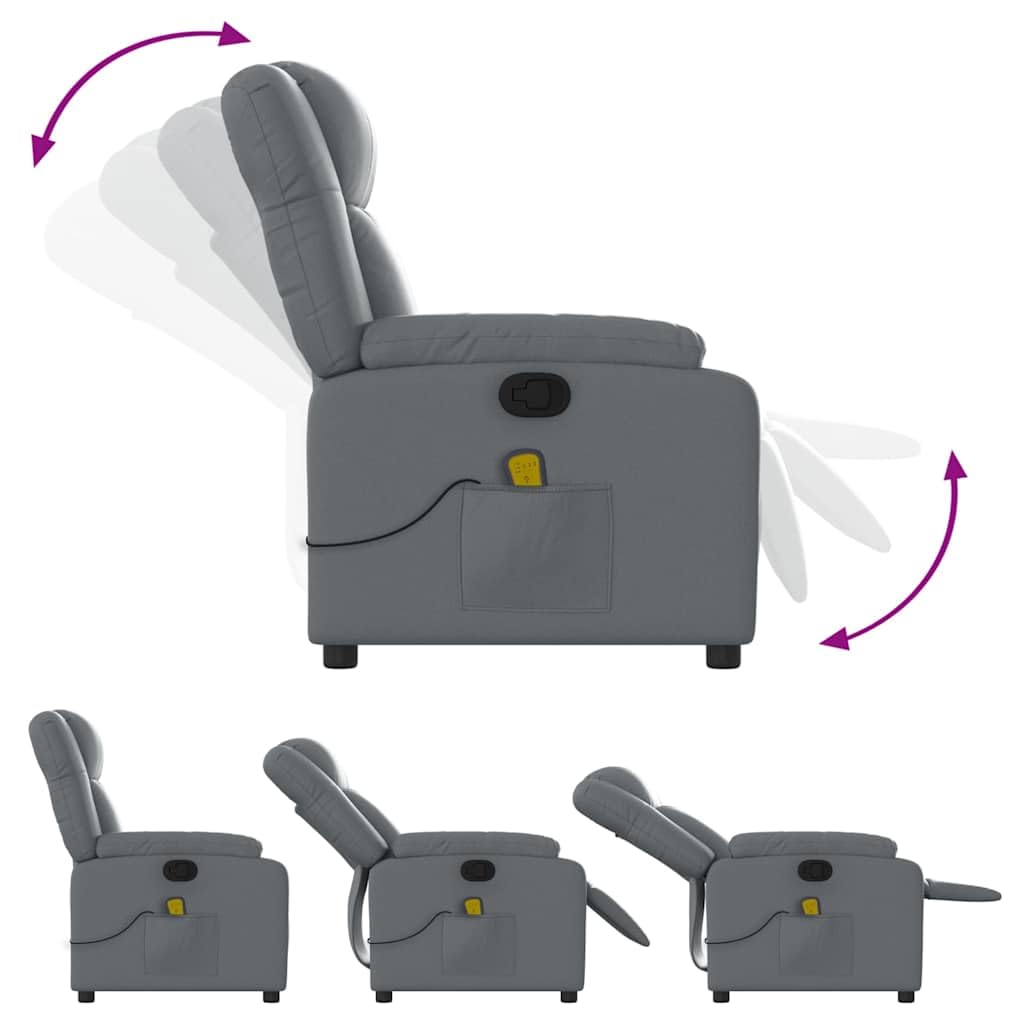 Sillón de masaje de relax de piel sintética gris con masaje de vibración de 6 puntos, función reclinable manual hasta 135 grados, reposabrazos anchos, bolsillo lateral, marco de madera y
