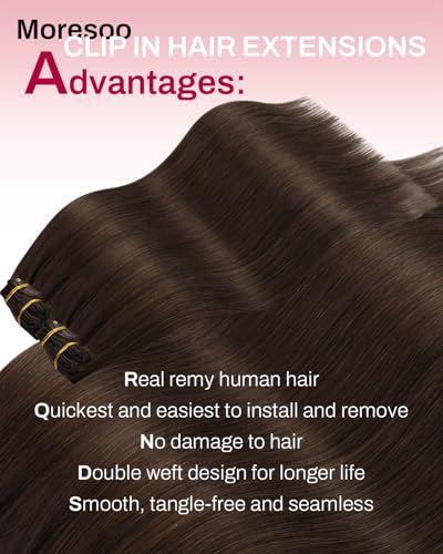Image of Moresoo Human Hair Clip in Extensions Medium Brown Double Weft Clip in Hair Extensions Human Hair Brown Remy Clip Hair Extensions Real Human Hair Full Head 7pcs /120g 22 Inch