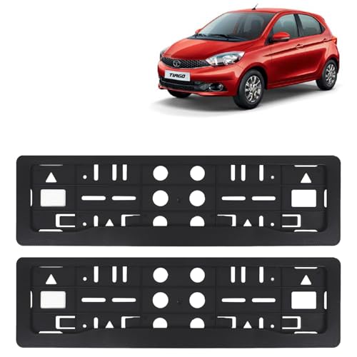 Image of KINGSWAY Tiago Car Number Plate Frames for All 2016 to 2020 Models of Tata Car Registration Plate Holders, Black Licence Plate Covers (Front and Rear), Universal Size 51.5 x 14.5 cm