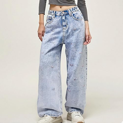 Bow Jeans for Girls Wide Leg Kids Baggy Denim Pants High Waisted Cute Clothes Y2k Outfits Streetwear with Pockets 6-14Y3