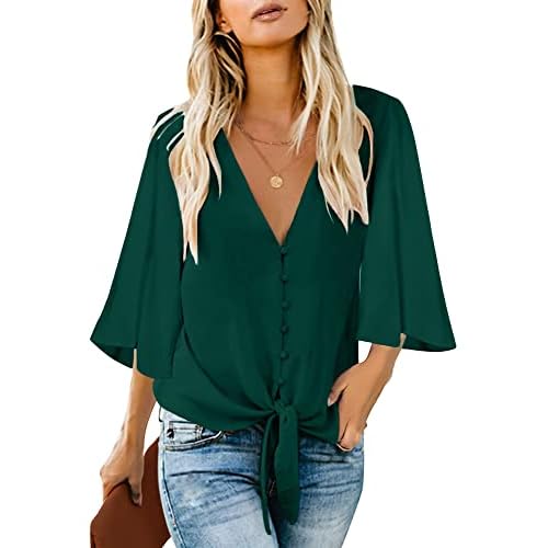 luvamia Women's Casual V Neck Tops 3/4 Sleeve Tie Knot Blouses Solid Button Down Shirts XX-Large Cypress Green
