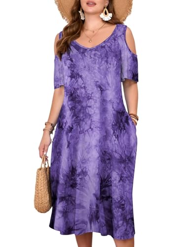 Image of LARACE Plus Size Women Dress for Summer, Midi Women's Sundress, Casual V-Neck Short Sleeve Flowy T-Shirt Dresses with Pockets