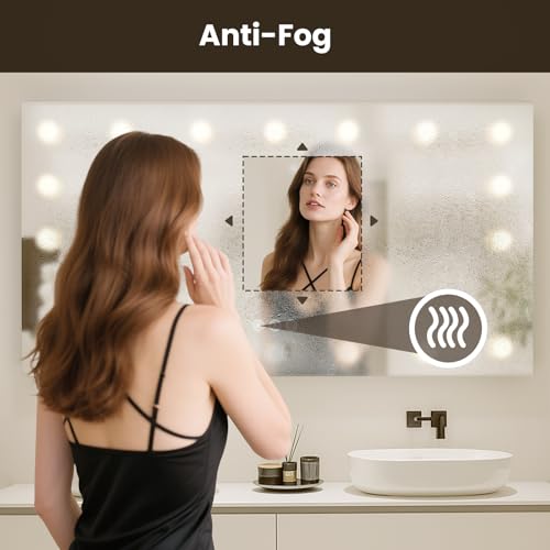 Image of WTTY 60 inchx30 inch Hollywood Vanity Mirror with Lights, Wall-Mounted Makeup Mirror with 3 Color Temperatures, Stepless Dimmable Bulbs, Anti-Fog & Shatter-Proof