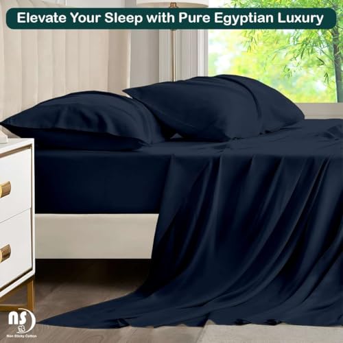 Image of NON Sticky cotton Premium 4 Piece Egyptian Cotton Fitted RV Short Queen 60 inch x 75 inch Sheet Set, Hotel Quality Bedding, Camper Sheets, 15 inch Deep Pocket, Navy Blue Solid