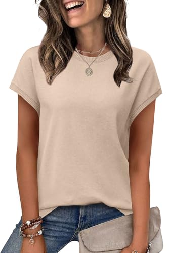 WIHOLL Womens Summer Tops 2026 Dressy Casual Short Sleeve Sweater for Women Crew Neck Shirts School Outfits for Teachers Beach Vacation Clothes Spring Break Essentials Beige M