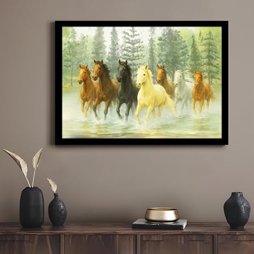 Image of 7 Running Horses Vastu Framed Wall Art Painting For Living Room| Green Forest Seven Horse Horse Painting With Frame Symbol of Growth & Positive Energy Wall Art for Living Room & Office, 17x23 Inch