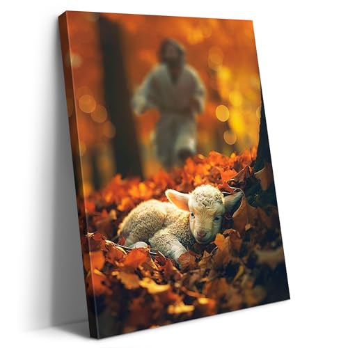 Artscope Religioso Lienzos Decorativos - Jesús y el Cordero en Otoño Patrón Estilo Pintura Cuadro Pared Lienzo para Salon Décor Dormitorio Oficina Pasillo Cocina Baño Regalo 30x40cm