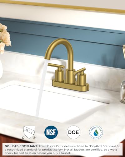Image of FORIOUS 4 inch Brushed Gold Bathroom Faucet Centerset 4 Inch, 2 Handle 2 Hole Gold Faucets for Bathroom Vanity wtih Metal Pop Up Dain, CUPC Supply Hose, High Arc Swivel Spout