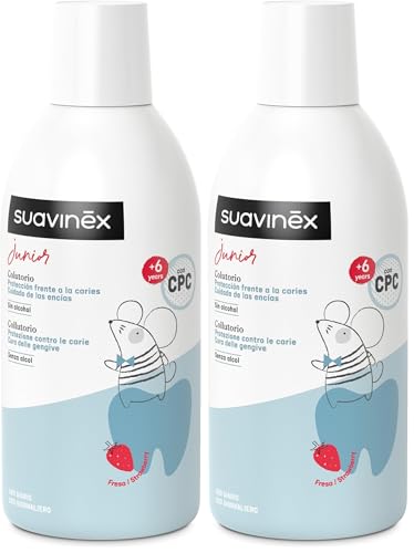 Suavinex, Collutorio per Bambini +6 Anni, Previene la Carie, Protegge le Gengive, Senza Alcol, Senza Glutine, con Fluoro, CPC e Acqua di Mare Purificata, Uso Quotidiano, Gusto Fragola, 500 ml