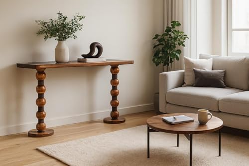 Image of Solid Sheesham Wood Console Table for Living Room | Entryway Hallway Sofa & Fish Tank Table | Narrow Stand with Turned Ball Legs & Rounded Edge Top | Wooden Accent Furniture |Light Walnut