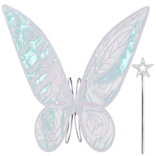 Feenflügel Kinder Schmetterlingsflügel Elfenflügel Damen, Weiße Feen Flügel Karneval mit Sternenstab, Glitzernde Schiere Flügel für Kostüm Verkleiden, Cosplay ＆ Party Gunst Cover