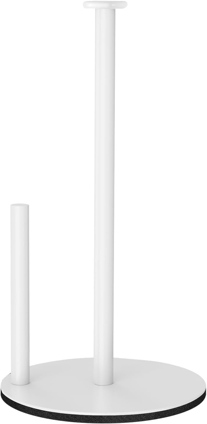 Paper Towel Holder Countertop, Freestanding Standing Paper Roll Stand for Kitchen & Bathroom, Weighted Base with Non-Slip Pad, Rust-Resistant Steel, One-Handed Easy Tear – Matte White