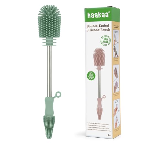 Haakaa Silicone Cleaning Brush for Baby Bottles and Crevices Double-Ended Bottle Brush for Breast Pumps Milk Collectors Nipples and Breastmilk Storage Bags Food-Grade Silicone Pea Green 1 Pack
