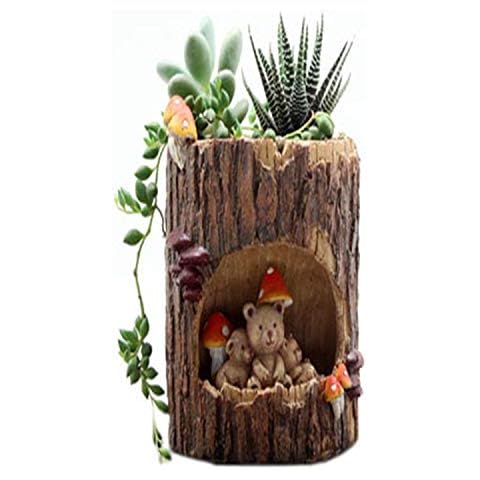 AIWEIYER Creative Tree Hole Story Cute Animal Flower Pot Mini Round Succulent Plant Drainage Resin Flower Pot Hedgehog Theme Home Interior Office Decoration Resin Craft Flower Pot (Bear) Cover