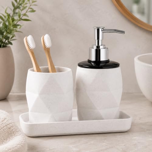 Image of SHENRON Bathroom Accessories Set of 3, Toothbrush Holder, Liquid Soap Dispenser & Tray, Unbreakable Plastic Organizer for Sink & Bathroom Essentials, Handwash, Sanitizer, Lotion, Shampoo (White)