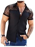 WDIRARA Men's Lace Mesh Button Down Shirts Short Sleeve Collared Party Shirt Summer Tops Black Medium