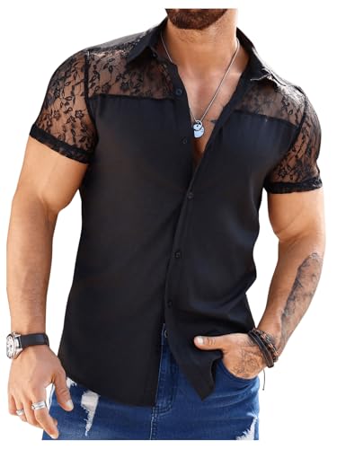 SweatyRocks Men's Sheer Floral Lace Button Down Collared Short Sleeve Shirts