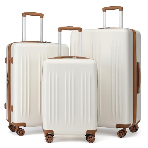 Image of Kono 3 Piece Expandable Luggage Set with Spinner Wheels Hardshell, Cream