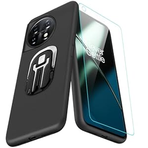 for OnePlus 11 5G 6.7″ (2023) Phone Case with Glass Screen Protector, 360° Rotatable Ring Holder Kickstand/Stand Car Holder Silicone Shockproof Protective Cover Case for OnePlus 11 – Black