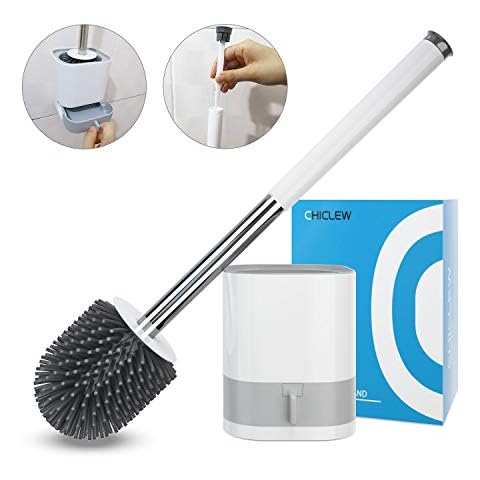 CHICLEW Toilet Brush and Holder Set Silicone Bathroom Toilet Bowl Cleaner Brush with Soft Bristle Rubber Brush and Hidden Tweezers, Wall Mountable, White and Grey, Upgraded Modern Design Cover