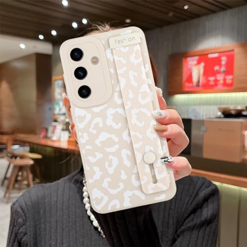 Image of Compatible with Samsung Galaxy S24 Case with Strap Wrist White | Cheetah Print Shockproof Soft TPU Protective Cover for Women Girls, Slim Anti Scratch Case 6.2 Inch, White