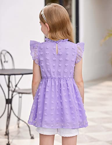 Arshiner Girls Shirt Dressy Flowy Casual Tops Chiffon Blouse Summer Short Sleeve Shirts Swiss Dot Frill Neck Cute Tunic Tee Lilac 7-8 Years #TOP3