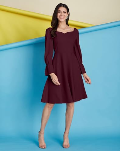 Image of SIRIL Women's Full Sleeve Polyester Solid Fit & Flare Dress, One Piece Dress for Women