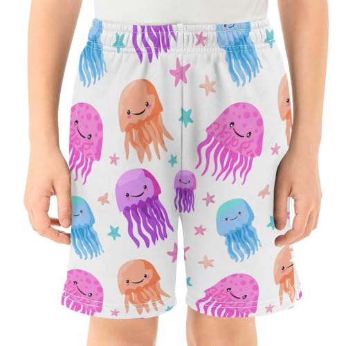 Cartoon Jellyfish Starfish Colorful Boys Athletic Shorts Kids Youth Casual Shotrs with Pockets Elastic Waistband2