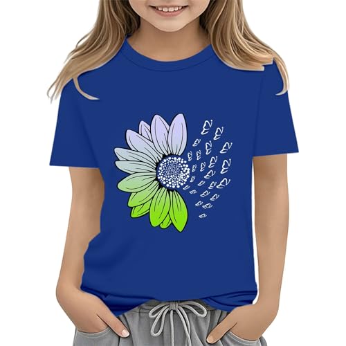 Girls Loose Fit Sunflower Graphic T Shirts Short Sleeve Crewneck Cute Pattern Printed Tops Kids (D-Blue, 10-11 Years)