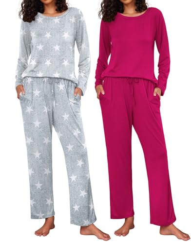 Ekouaer Conjunto de pijama de manga larga con pantalones deportivos para mujer, 2 unidades, ropa de dormir con bolsillos, Rojo rosa/estrella gris, M